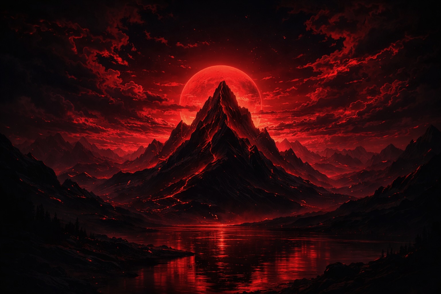 A red moon rising over a mountain and lake